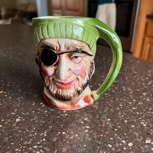 Vintage Green Toby Mug Pirate With Eye Patch Rare Glazed Hand Painted